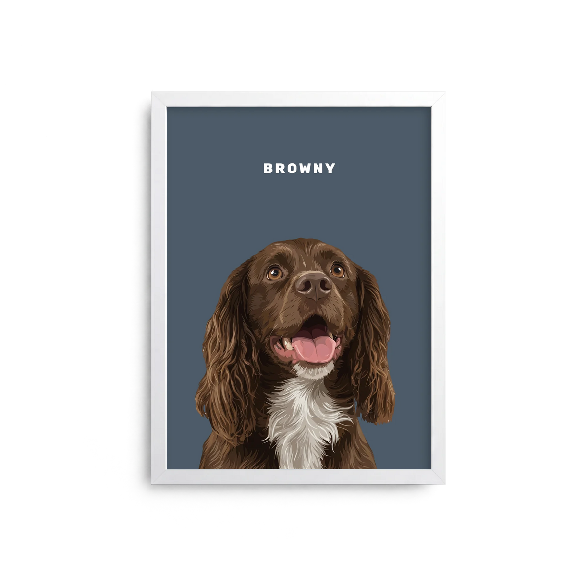 A framed pet portrait print featuring a brown and white dog on a muted blue-gray background with the name 'BROWNY' in white text at the top. The print is shown centered against a clean white background.